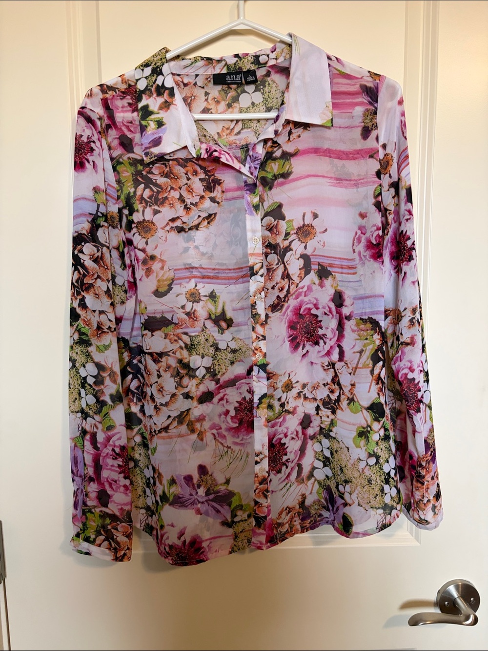a.n.a Sheer Floral Button-Down Blouse in Pink and Green